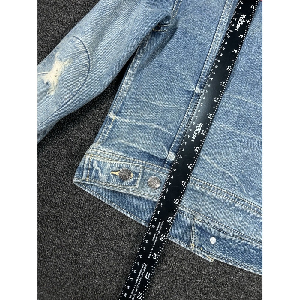 Free People Denim Trucker Jacket Women's 2 Boho Patchwork Aztec Distressed - Picture 8 of 9